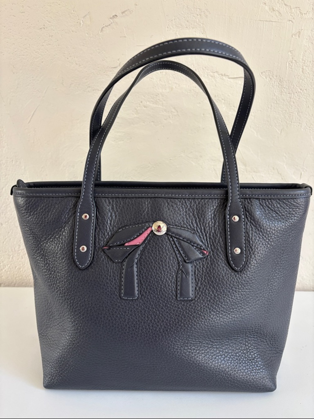 Coach Mini City Zip Tote With Bow in Pebbled Leather and Pink Accent